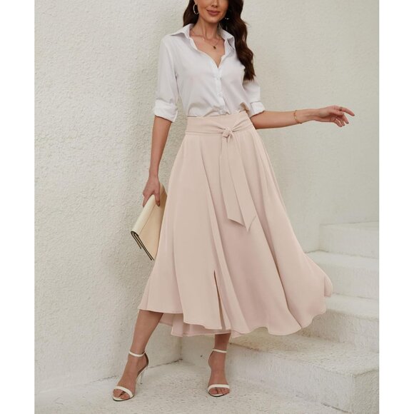 Women's Apricot Elegant Waist Side Slit Irregular Bohemian Pockets Maxi Skirt - Picture 6 of 7